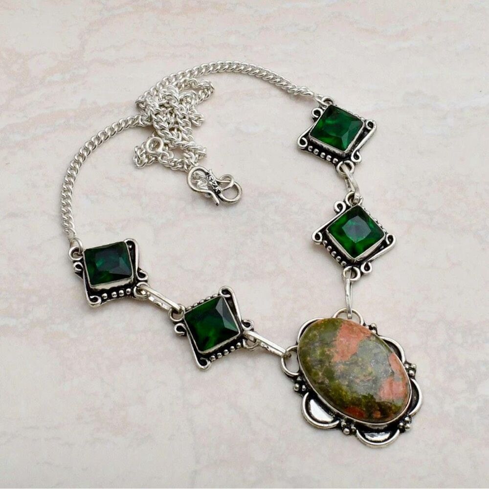 Handcrafted Unakite & Green Quartz Gemstone Necklace – Earthy Elegance in Sterli - Picture 2 of 6
